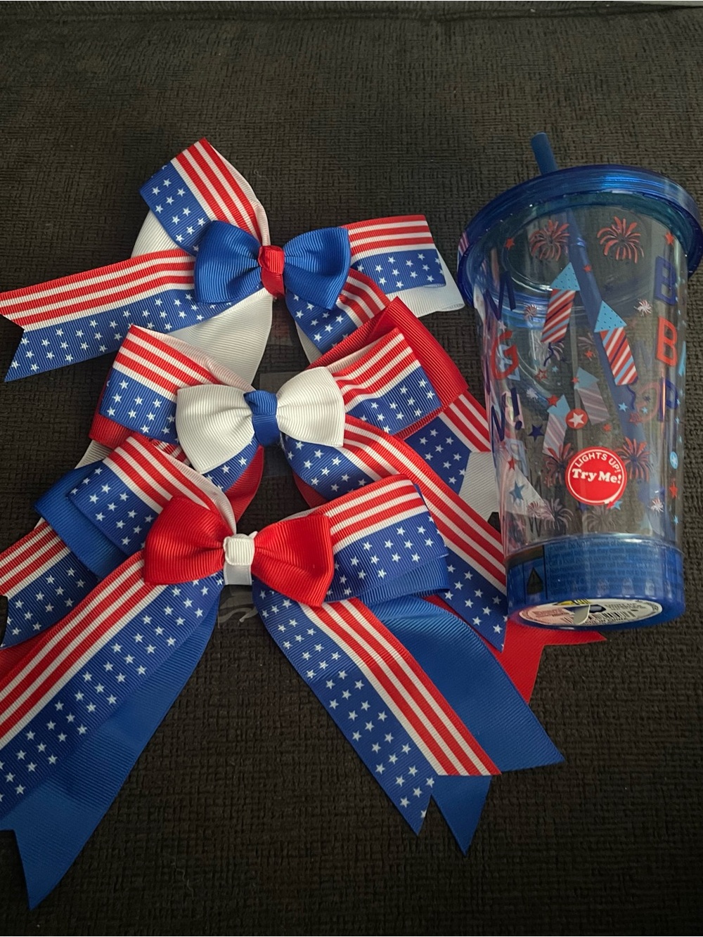 Patriotic Red White Blue Hair Bows & Light Up Tumbler